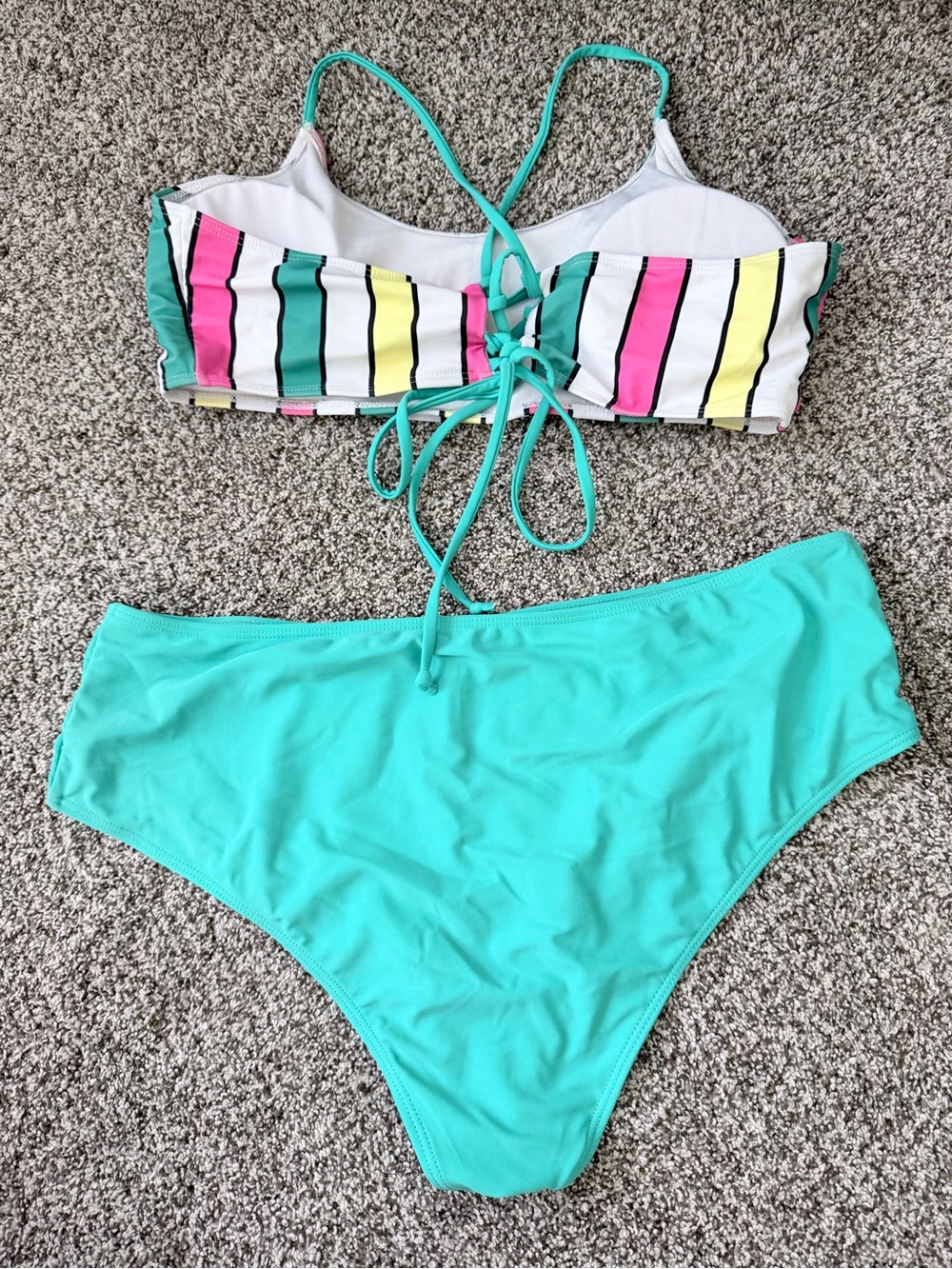 Striped Multi-Color Bikini Top with Aqua Bottoms - Picture 2 of 4